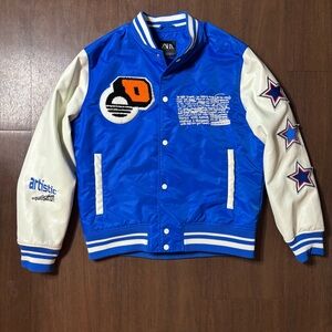 Zara Blue and White Varsity Jacket with Star Details